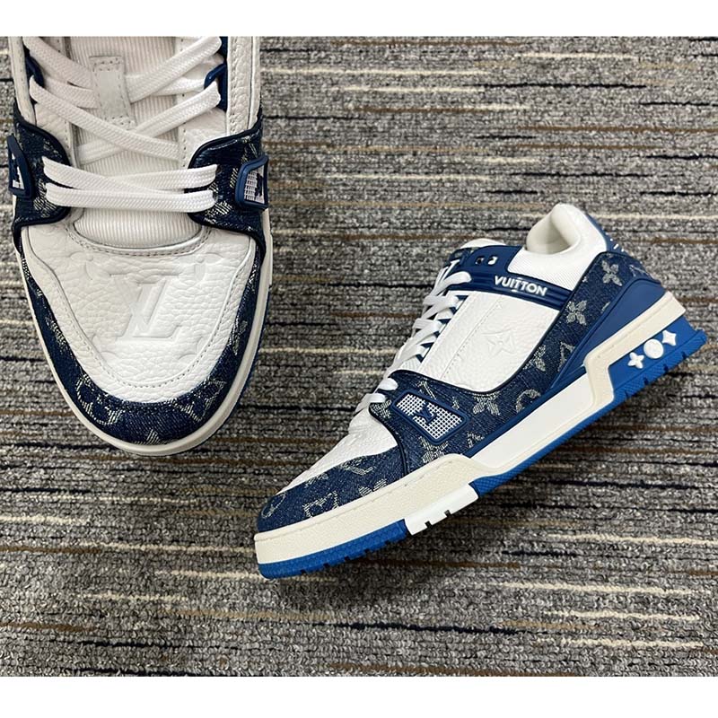 Louis Vuitton Unisex LV Trainer Sneaker Blue Monogram Denim Embossed Grained Calf Leather