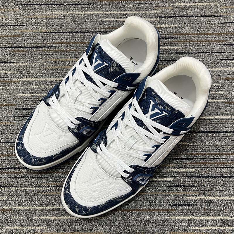 Louis Vuitton Unisex LV Trainer Sneaker Blue Monogram Denim Embossed Grained Calf Leather