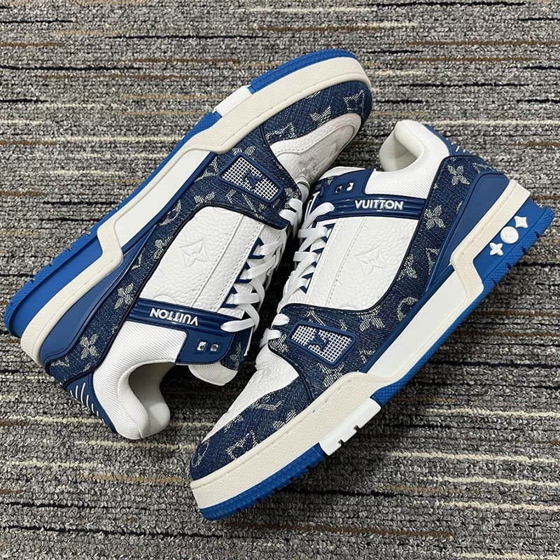 Louis Vuitton Unisex LV Trainer Sneaker Blue Monogram Denim Embossed Grained Calf Leather