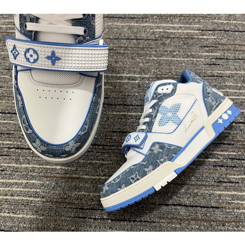 Louis Vuitton Unisex LV Trainer Sneaker Blue Monogram Denim Rubber Monogram Flowers