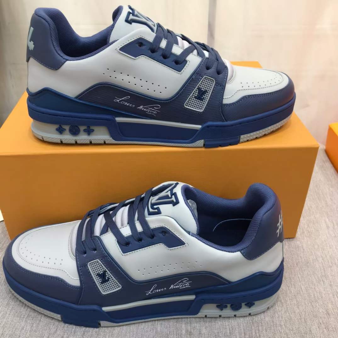 Louis Vuitton Unisex LV Trainer Sneaker Navy Blue Epi Calf Leather Rubber Outsole #54