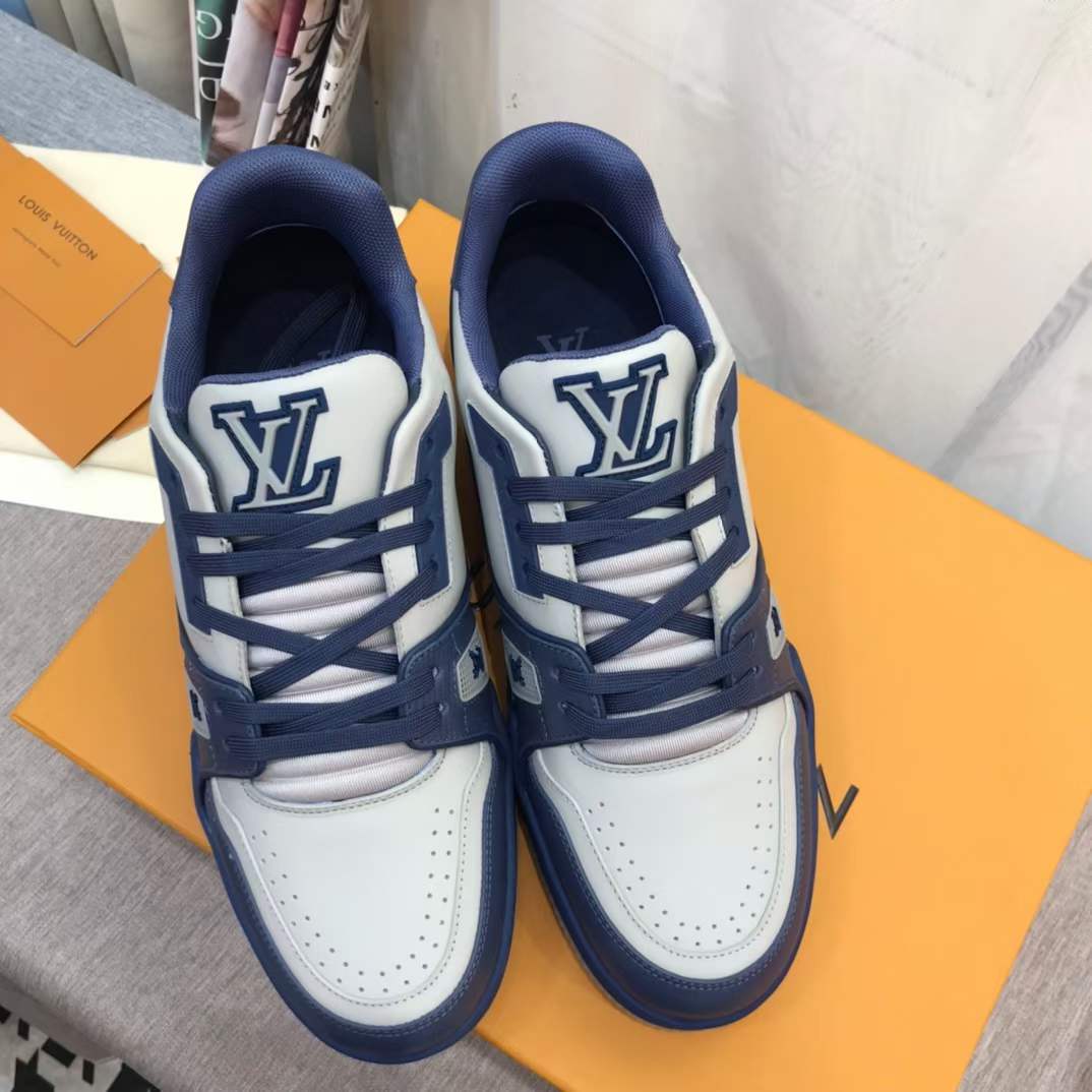 Louis Vuitton Unisex LV Trainer Sneaker Navy Blue Epi Calf Leather Rubber Outsole #54