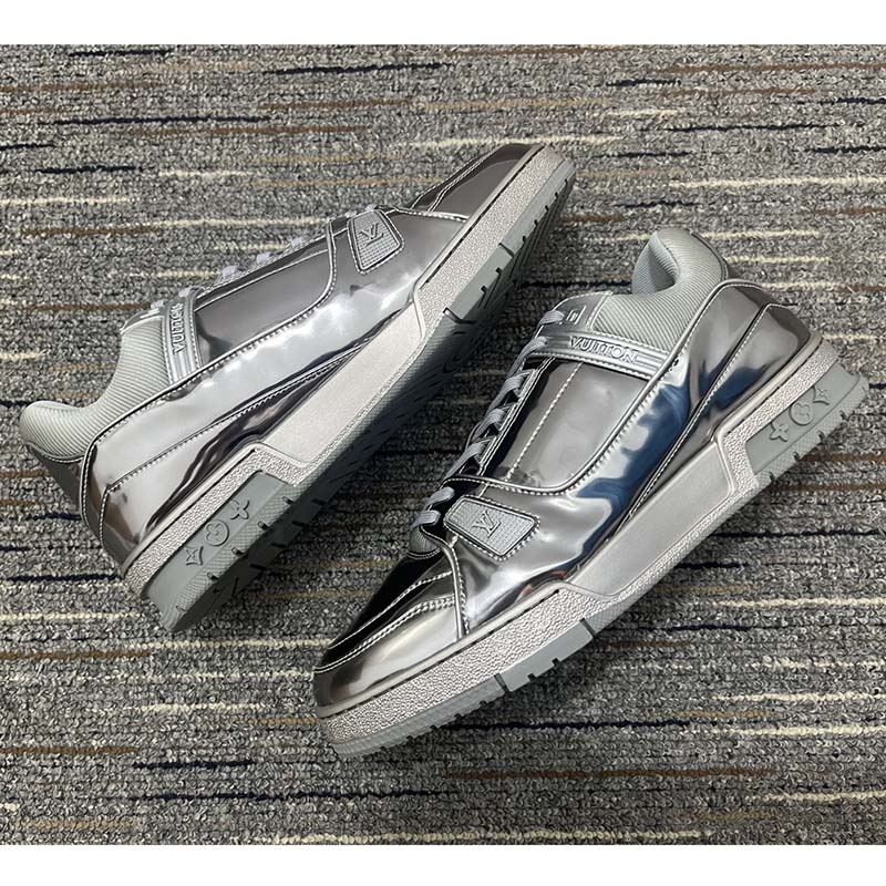 Louis Vuitton Unisex LV Trainer Sneaker Silver Metallic Canvas Rubber Outsole Monogram Flowers