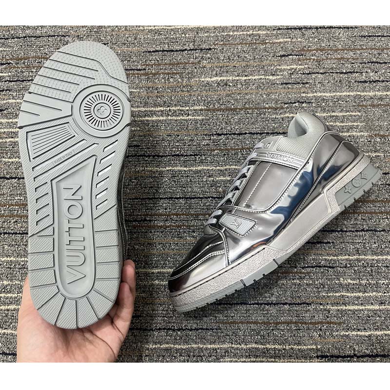 Louis Vuitton Unisex LV Trainer Sneaker Silver Metallic Canvas Rubber Outsole Monogram Flowers