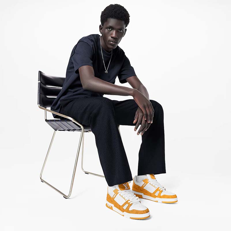 Louis Vuitton Unisex LV Trainer Sneaker Yellow Monogram Denim Monogram Embossed Grained Calf