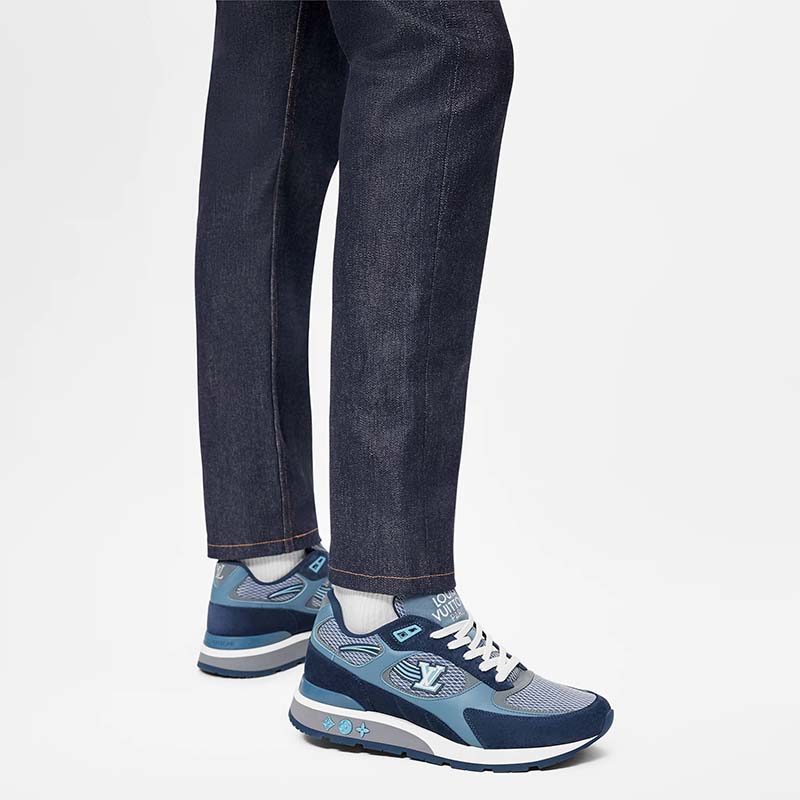 Louis Vuitton Unisex Run Away Sneaker Blue Mesh Suede Calf Leather Monogram Flowers