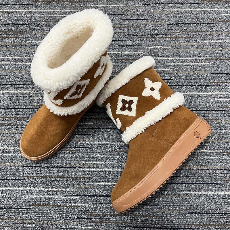 Louis Vuitton Women LV Snowdrop Flat Ankle Boot Brown Suede Calf Leather Shearling Wool