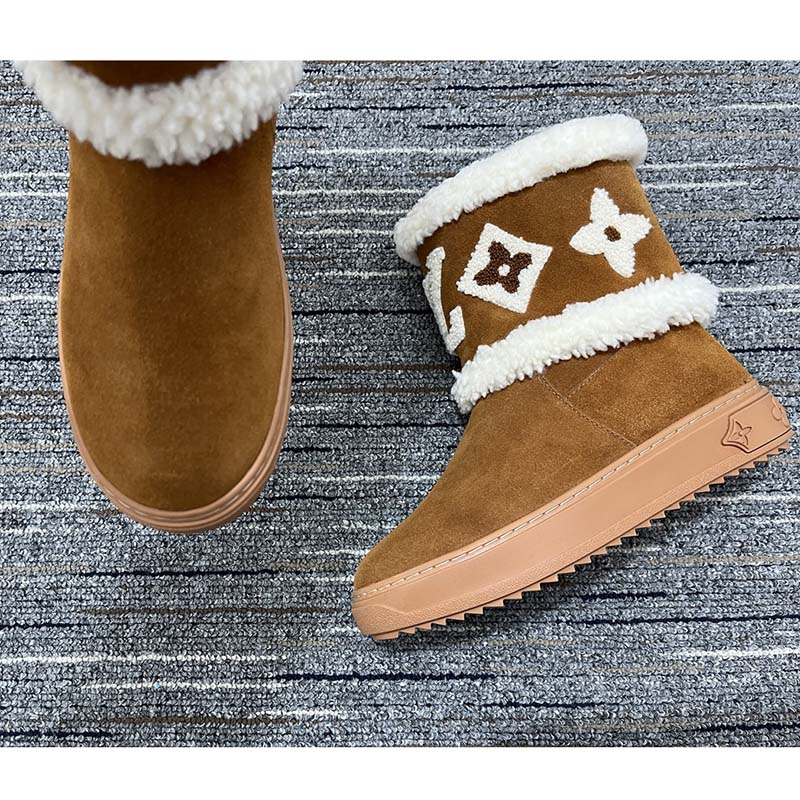 Louis Vuitton Women LV Snowdrop Flat Ankle Boot Brown Suede Calf Leather Shearling Wool