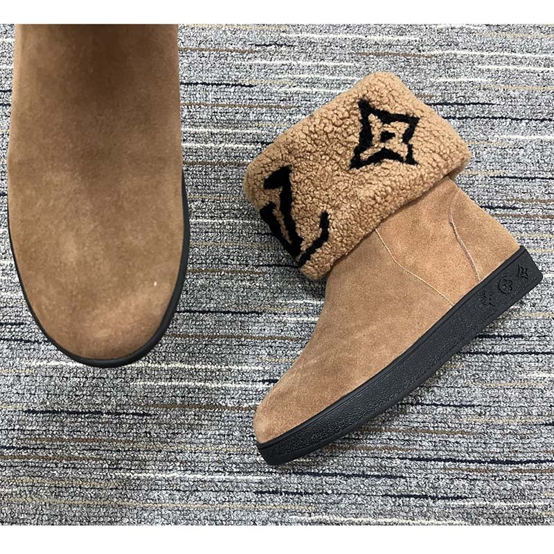 Louis Vuitton Women LV Snowdrop Flat Ankle Boot Brown Suede Calf Shearling Wool