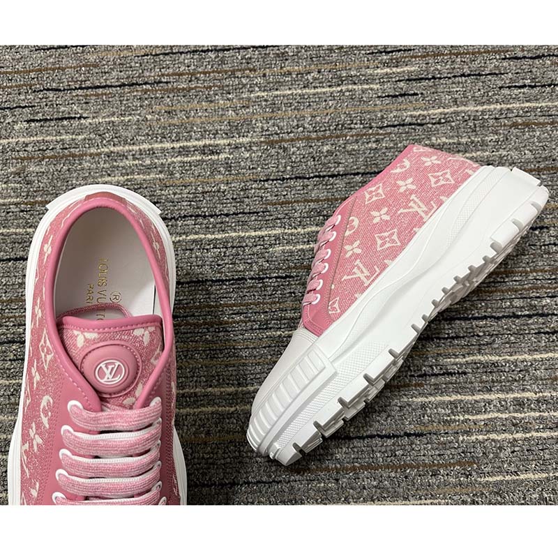 Louis Vuitton Women LV Squad Sneaker Rose Clair Pink Monogram Denim Rubber Circle