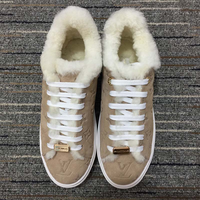 Louis Vuitton Women LV Time Out Sneaker Monogram Embossed Suede Calf Leather Shearling