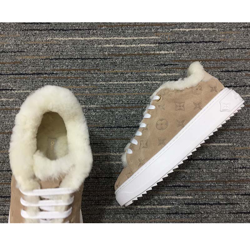Louis Vuitton Women LV Time Out Sneaker Monogram Embossed Suede Calf Leather Shearling