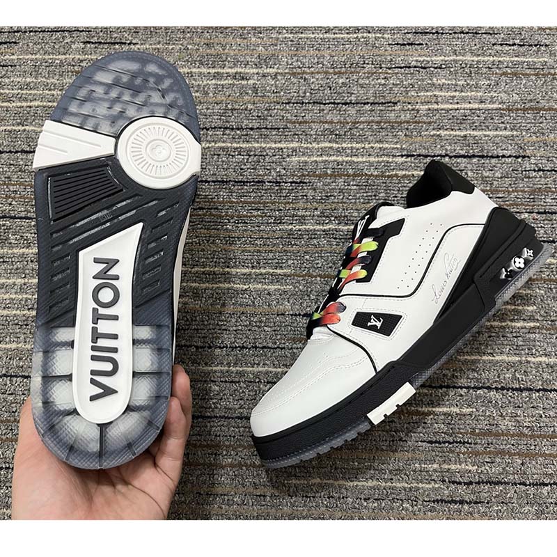 Louis Vuitton Unisex LV Trainer Sneaker White Calf Leather Rubber Monogram Flowers