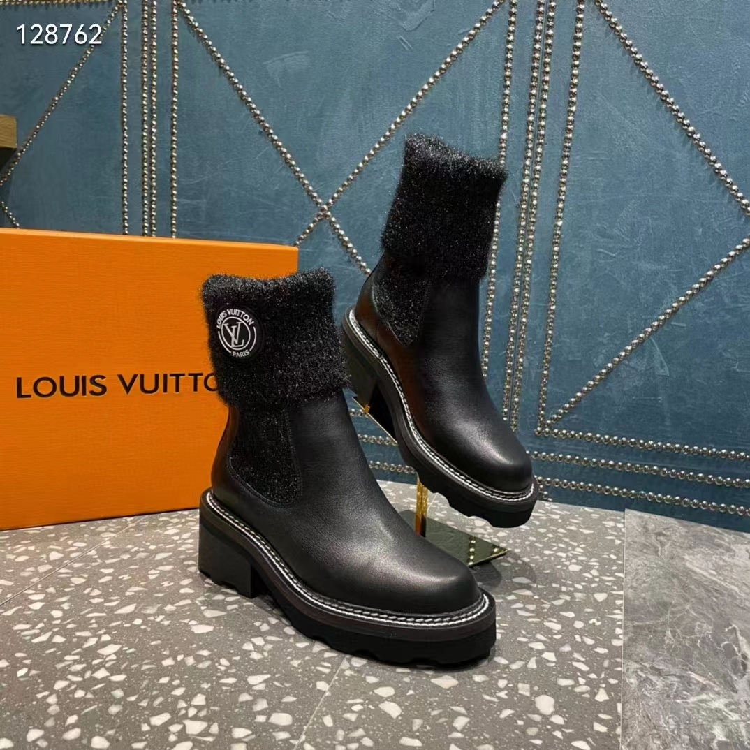 Louis Vuitton Women Shoes LV Beaubourg Ankle Boot Black Calf Leather Wool