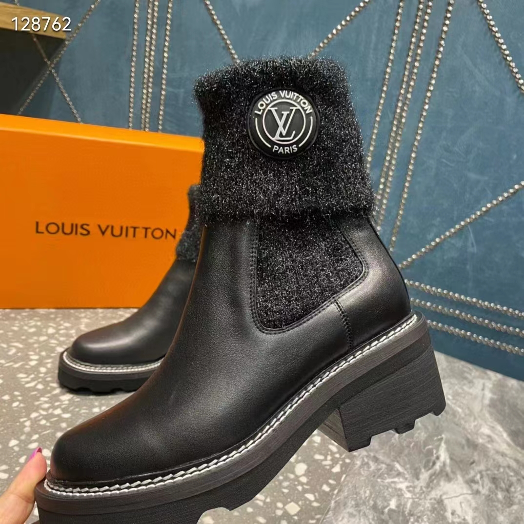 Louis Vuitton Women Shoes LV Beaubourg Ankle Boot Black Calf Leather Wool
