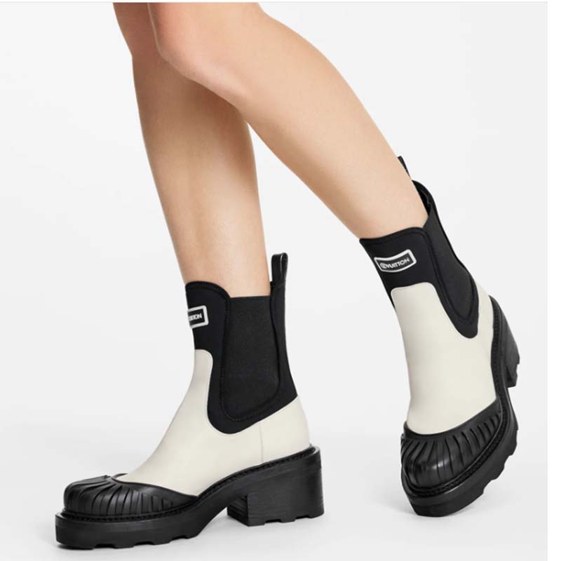 Louis Vuitton Women Shoes LV Beaubourg Ankle Boot Ecru White Calf Leather Neoprene