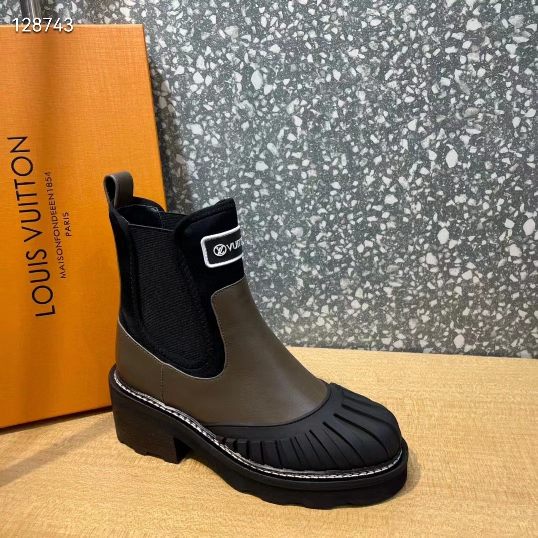 Louis Vuitton Women Shoes LV Beaubourg Ankle Boot Khaki Green Calf Leather Neoprene