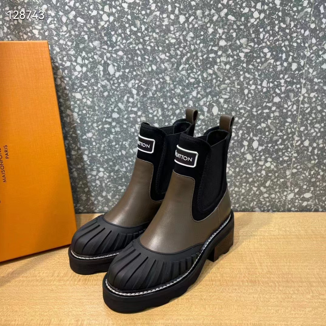 Louis Vuitton Women Shoes LV Beaubourg Ankle Boot Khaki Green Calf Leather Neoprene