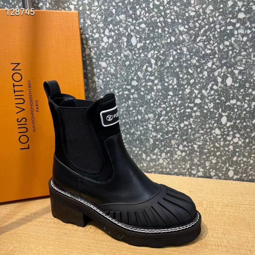 Louis Vuitton Women Shoes LV Ruby Flat Ankle Boot Black Rubberized Calf Leather