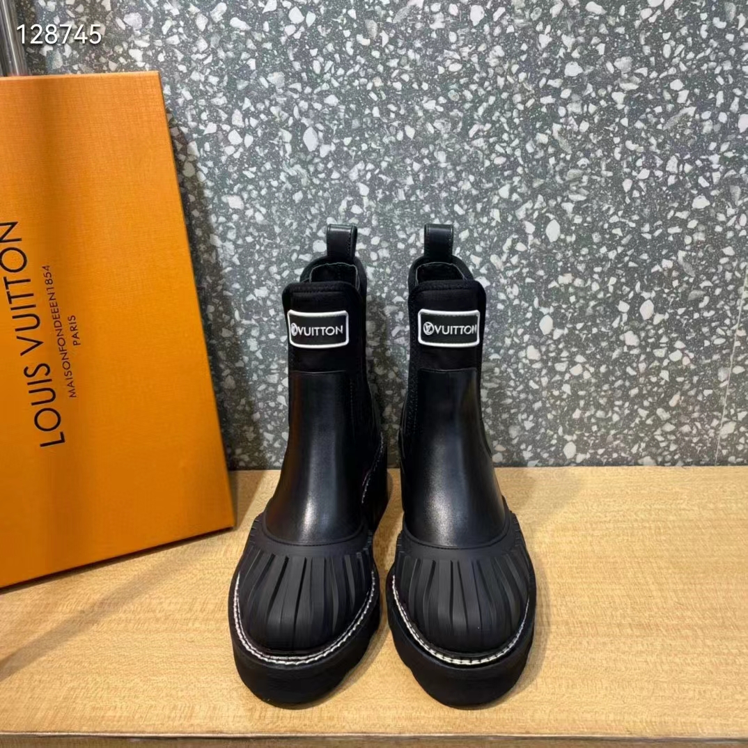 Louis Vuitton Women Shoes LV Ruby Flat Ankle Boot Black Rubberized Calf Leather