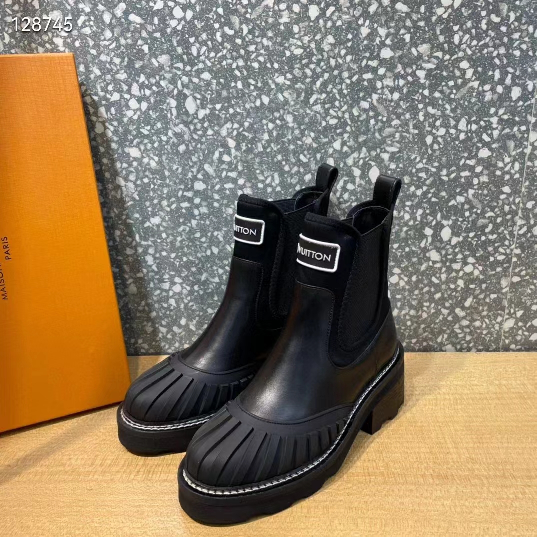 Louis Vuitton Women Shoes LV Ruby Flat Ankle Boot Black Rubberized Calf Leather