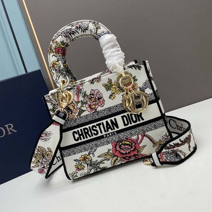 Dior Women CD Medium Lady D-Lite Bag White Multicolor Jardin Botanique Embroidery