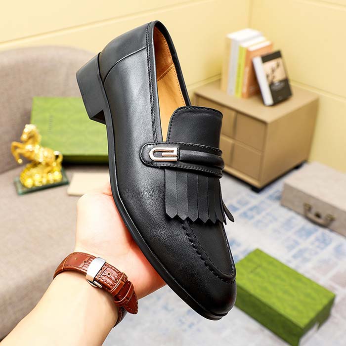 G*u*i men’s gg loafer mirrored g black leather fringe low 3 cm heel