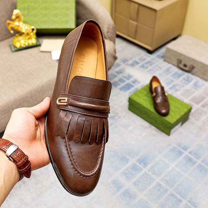 G*u*i men’s gg loafer mirrored g brown leather fringe low 3 cm heel