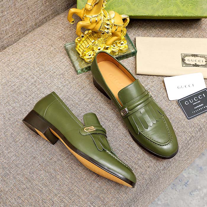 G*u*i men’s gg loafer mirrored g dark green leather fringe low heel
