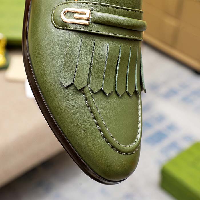 G*u*i men’s gg loafer mirrored g dark green leather fringe low heel