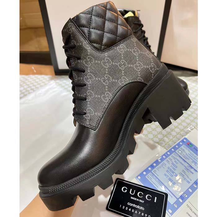 G*u*i women ankle boots black gg supreme canvas rubber lace-up high heel