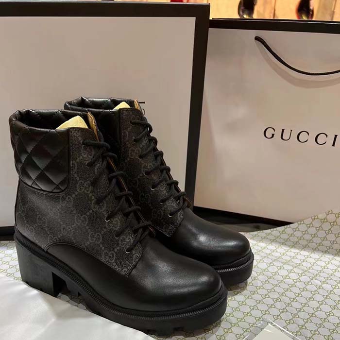 G*u*i women ankle boots black gg supreme canvas rubber lace-up high heel