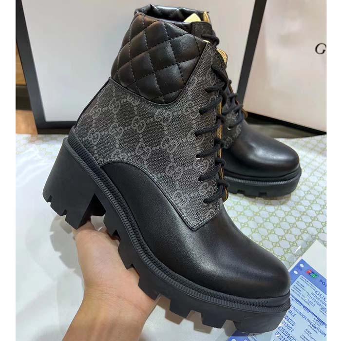 G*u*i women ankle boots black gg supreme canvas rubber lace-up high heel