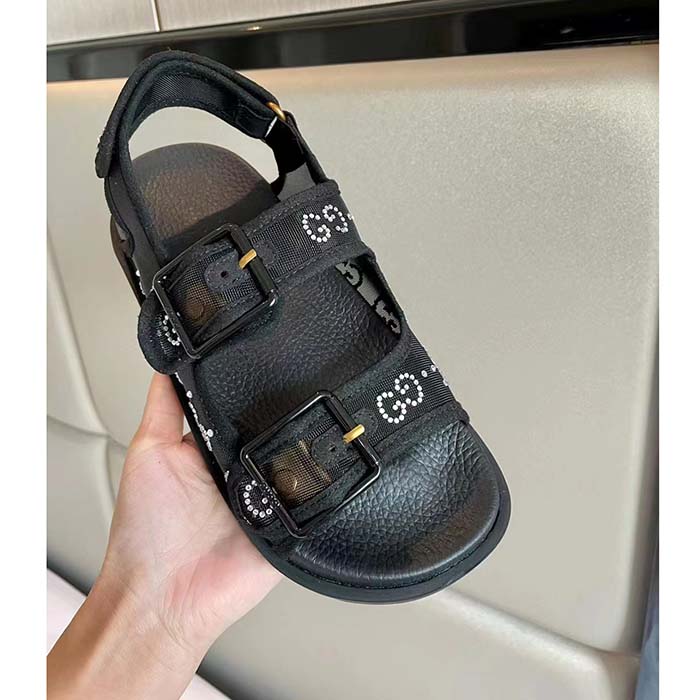 G*u*i women gg sandal crystals black mesh tonal suede rubber sole flat