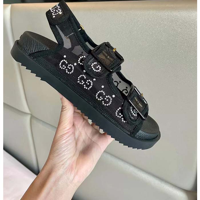 G*u*i women gg sandal crystals black mesh tonal suede rubber sole flat