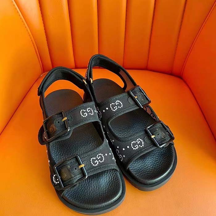 G*u*i women gg sandal crystals black mesh tonal suede rubber sole flat