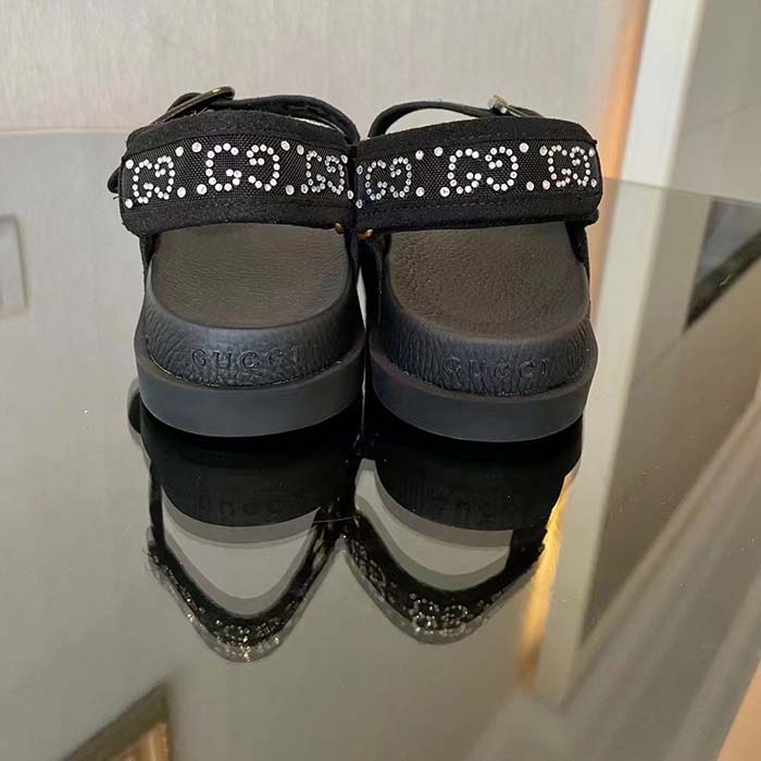 G*u*i women gg sandal crystals black mesh tonal suede rubber sole flat