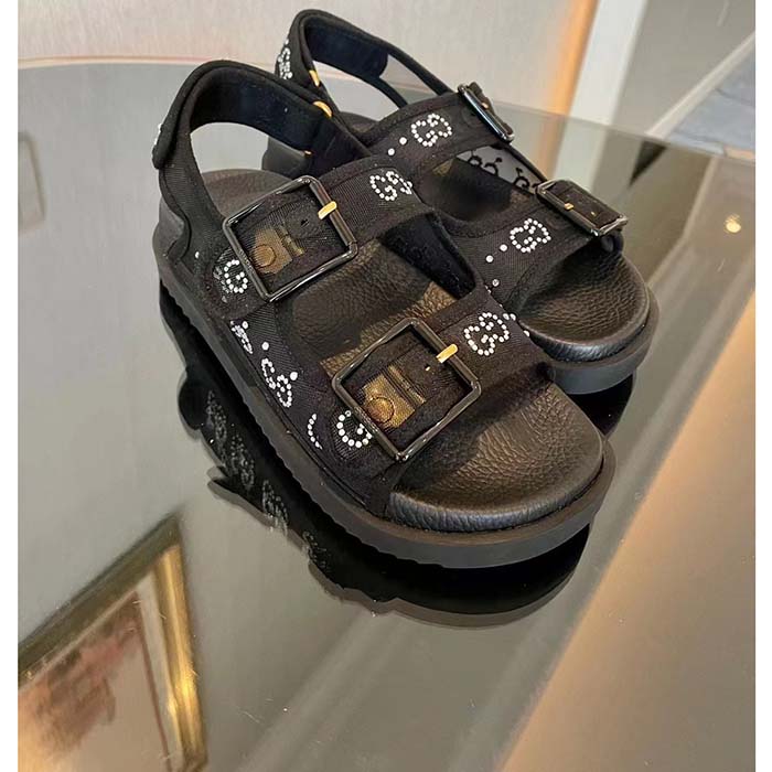 G*u*i women gg sandal crystals black mesh tonal suede rubber sole flat