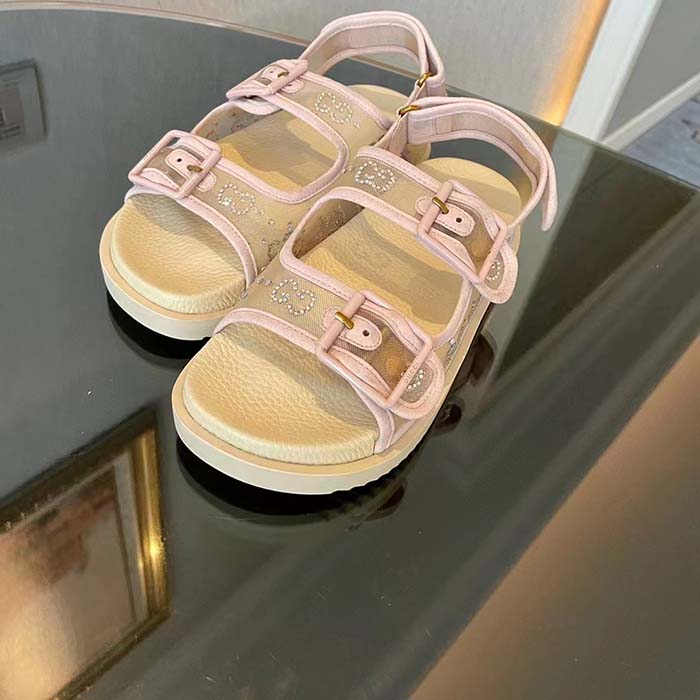G*u*i women gg sandal crystals rose beige mesh tonal suede rubber sole flat