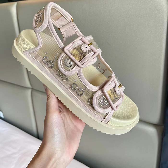 G*u*i women gg sandal crystals rose beige mesh tonal suede rubber sole flat