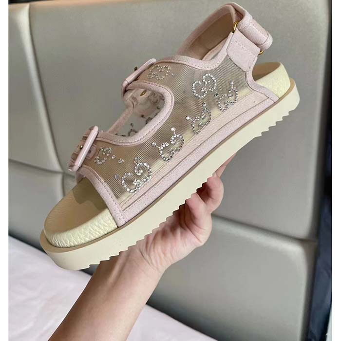 G*u*i women gg sandal crystals rose beige mesh tonal suede rubber sole flat