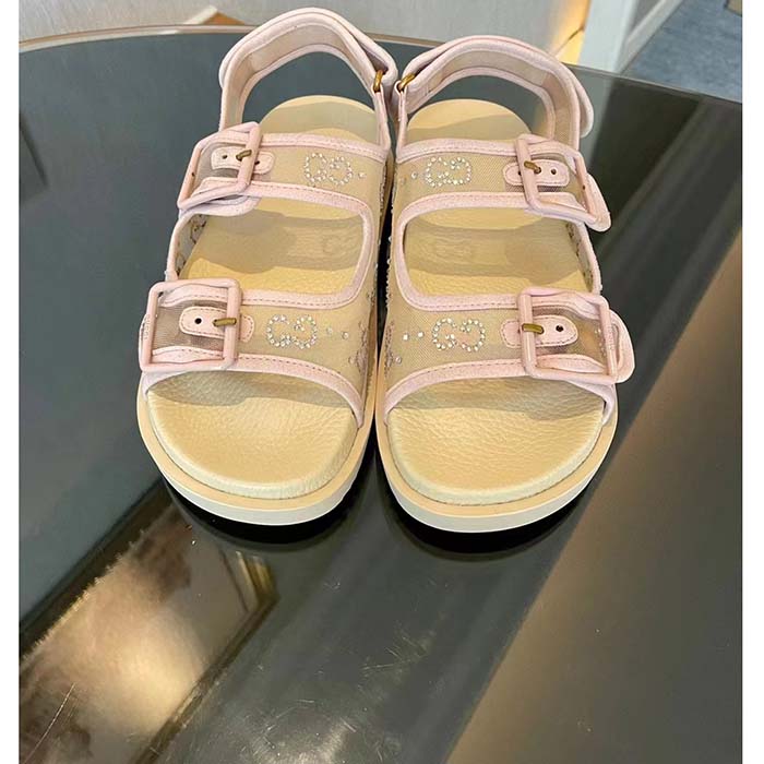 G*u*i women gg sandal crystals rose beige mesh tonal suede rubber sole flat