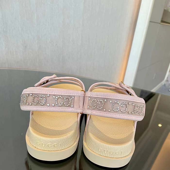 G*u*i women gg sandal crystals rose beige mesh tonal suede rubber sole flat