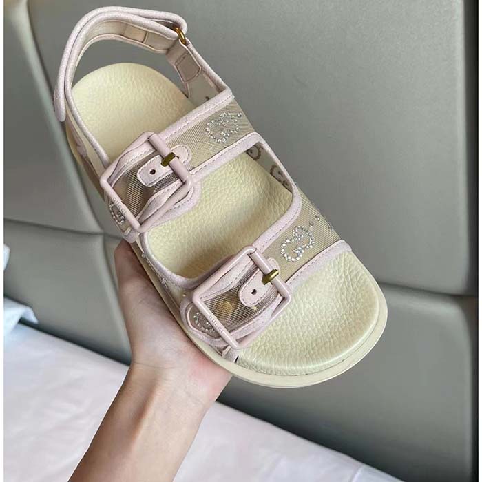 G*u*i women gg sandal crystals rose beige mesh tonal suede rubber sole flat