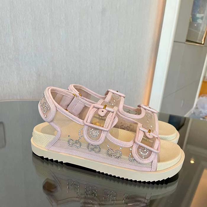 G*u*i women gg sandal crystals rose beige mesh tonal suede rubber sole flat