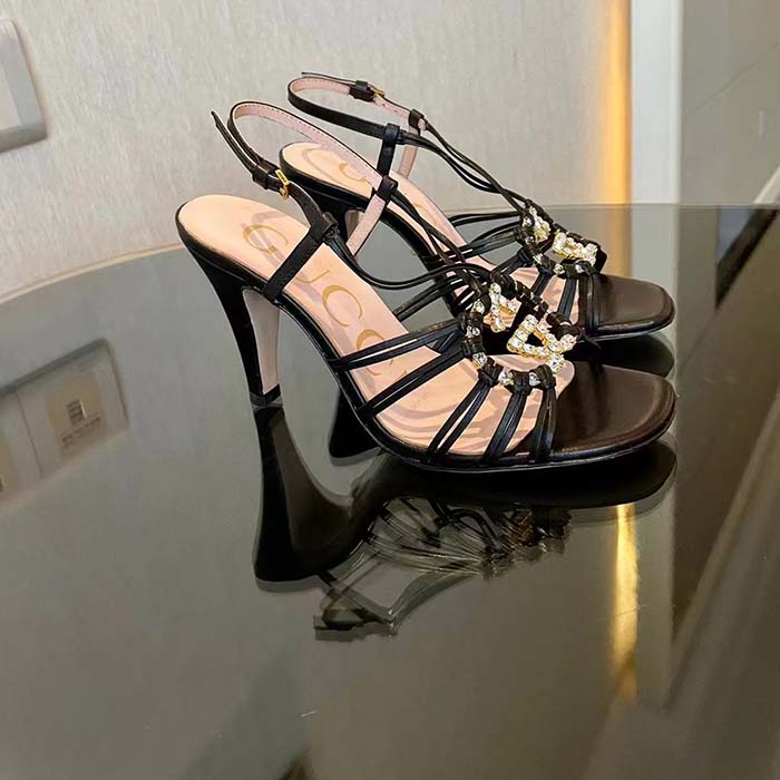 G*u*i women gg sandal interlocking g black leather high 9 cm heel