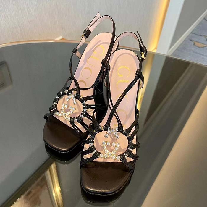 G*u*i women gg sandal interlocking g black leather high 9 cm heel