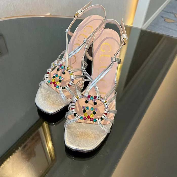 G*u*i women gg sandal interlocking g silver metallic leather high 9 cm heel