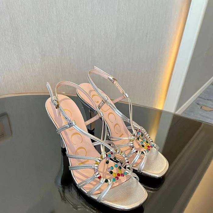 G*u*i women gg sandal interlocking g silver metallic leather high 9 cm heel
