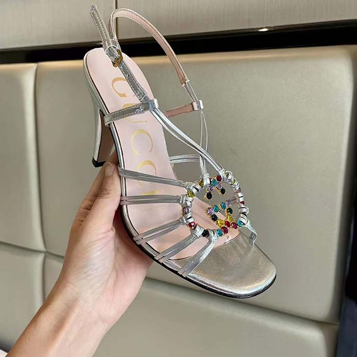 G*u*i women gg sandal interlocking g silver metallic leather high 9 cm heel